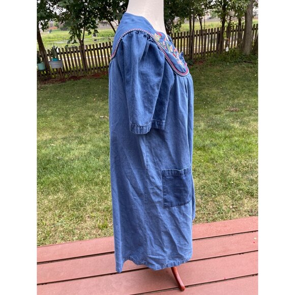 Vintage Denim Dress Cottagecore Embroidered Flowers Ladybugs Short Sleeves Butto - Picture 7 of 9